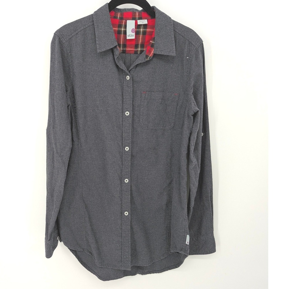 Stio Flannel Button Down Women Medium Gray Plaid Roll Tab Long Sleeve Shirt